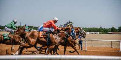 Thoroughbred horses running a race on a dirt racetrack with jockeys wearing different color silks.