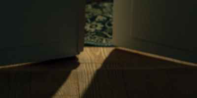 A dark image of a white door ajar leading from hardwood floor to a room with carpet.