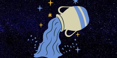Graphic image of the symbol for Aquarius of a water pitcher pouring water and surrounded by stars.