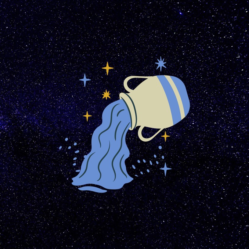 Graphic image of the symbol for Aquarius of a water pitcher pouring water and surrounded by stars.
