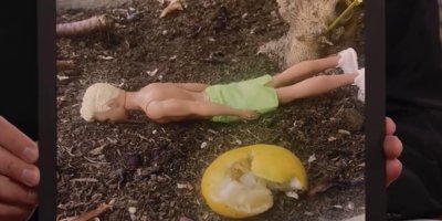A photograph of a blonde Ken doll face down on the ground beside a squashed lemon.