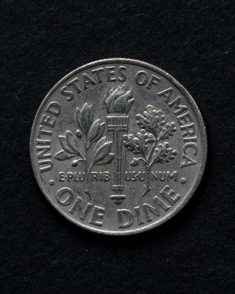 A silver dime on tails against a black background.