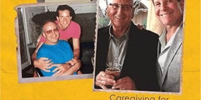 Front cover of the book Time to Thank: Caregiving for My Hero by Steve Guttenberg. The bold yellow cover has three family photographs adhered with tape featuring Steve Guttenberg and his dad Stanley.