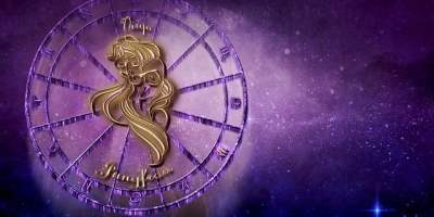 A dark purple sky background has a lighter purple zodiac wheel with a gold-etched maiden in the middle representing the astrological sign Virgo.