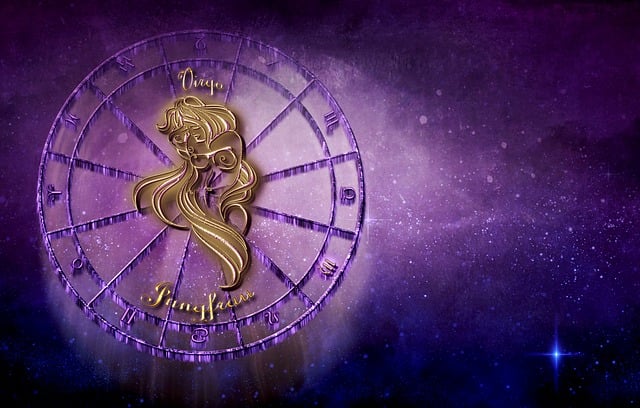 A dark purple sky background has a lighter purple zodiac wheel with a gold-etched maiden in the middle representing the astrological sign Virgo.