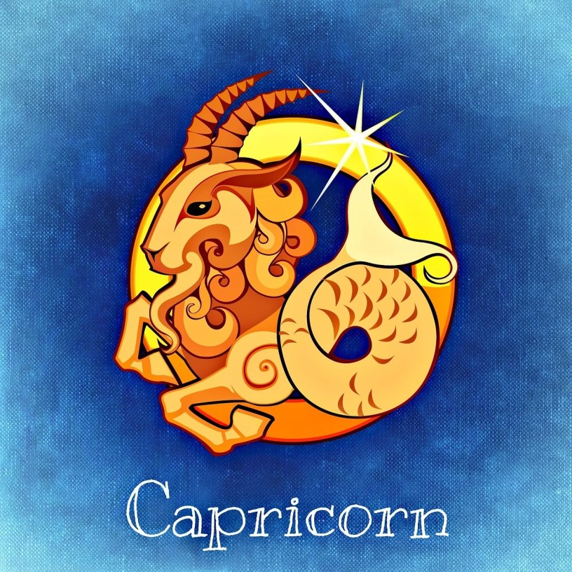 An image of the Capricorn symbol of a sea goat with the head of a goat and tail of a fish on a blue background with Capricorn written below it.